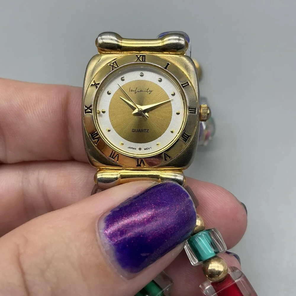 Infinity Womens Watch 24mm Gold Tone Multicolor Bead Bracelet New Battery 6.75